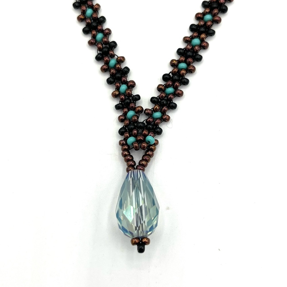 Hand Crafted Beaded Necklace with Aqua Pendant - Picture 3 of 11